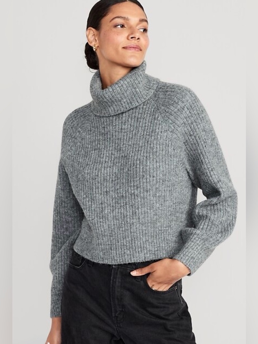 Old Navy Go-Recycled Grey Cropped Shaker-Stitch Turtleneck Sweater Sz S
